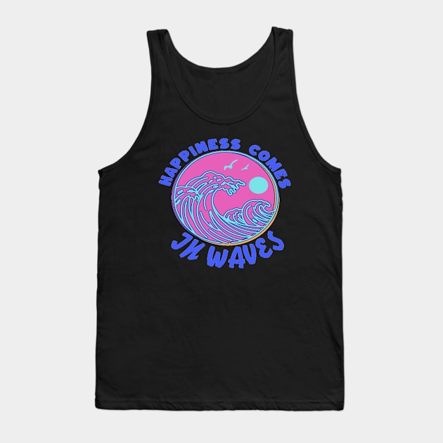 Happiness Comes In Waves, Hello Summer Vintage Funny Surfer Riding Surf Surfing Lover Gifts Tank Top by Customo
